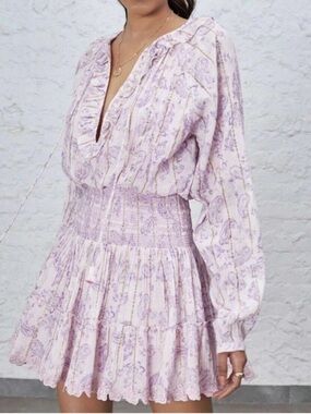 House Of Harlow 1960 Pink Purple Paisley Print Smocked Ruffle Boho Mini Dress S